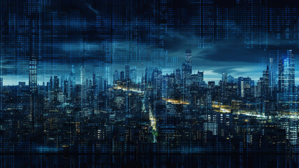 matrix acode and megapolic double exposure. concept of modern technologies. generated by AI