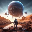 3D illustration depicts a science fiction scene where an astronaut encounters a giant spaceship on an alien world, known as the Planet of the Ancients