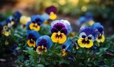 Flowering blue and yellow pansies in the garden, Summer nature landscape with fresh pansy flowers outdoor, generative AI
