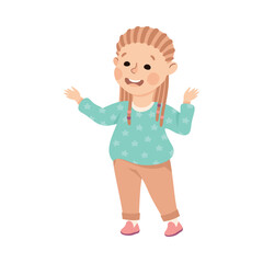 Sticker - Happy adorable little girl in casual outfit gesturing with her hands vector illustration