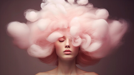 A surreal portrait of a female Candyfaces with flowing cotton candy hair and an abstract candy face, captured in studio photography,  Generative AI