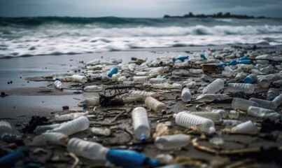 Plastic water bottles pollution in ocean, generative AI