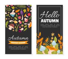  Forest Decor Banner Design with Mushroom and Leaf Vector Template