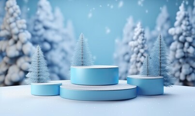 Winter composition with light blue podiums for product presentation in snowy background, Christmas, New Year and winter holiday concept, generative AI