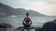 © MxCaptures - Back view of beautiful fitness girl achieving inner calm with ocean yoga