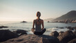 © MxCaptures - Photo from behind woman in yoga lotus pose with tranquil ocean backdrop - Generative AI