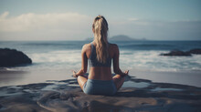 Photo From Behind Woman In Tranquil Yoga Pose By The Ocean - Generative AI