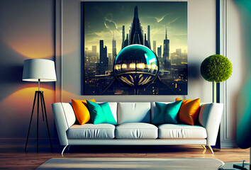 Poster -  modern living room interior mock up, modern furniture and trendy home accessories