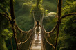 Woman crossing a suspension bridge in the jungle, exotic trip and lifestyle, generative ai