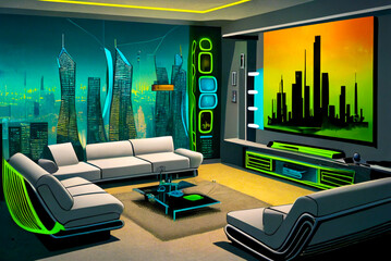 Poster -  modern living room interior mock up, modern furniture and trendy home accessories