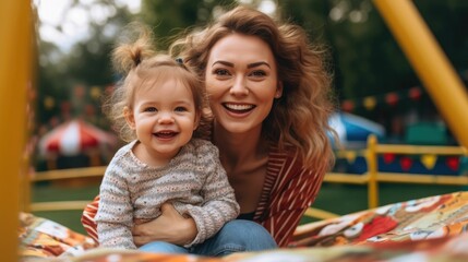 Portrait of happy mother and daughter on playground trampoline