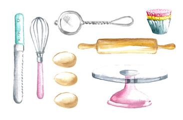 A set of tools for a confectioner. Multi-colored molds, three eggs and a wooden rolling pin, glass cake stand, whisk and spatula, powdered sugar strainer and cupcake tins. Watercolor illustration