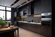 open-concept kitchen in a dark loft style with big windows for a bright and airy atmosphere