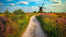Windmill In The Netherlands. Generative AI