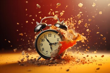 time concept, retro alarm clock breaking apart by explosion into a cloud of dust, red background