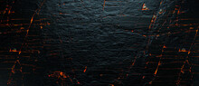 Abstract Rock Background With Fire Gaps Between Stones Cut Rock Surface. Lava And Rock Backdrop With Atmospheric Light.