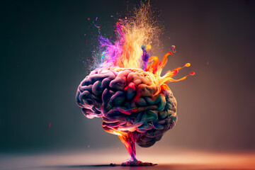 concept of a human brain full with creativity, shows multiple colors and action - generative ai imag