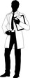 Silhouette person scientist, engineer or professor man in a lab coat. Holding clipboard checklist. Possibly performing experiment or surveying. Alternatively a chemist, science teacher or pharmacist.