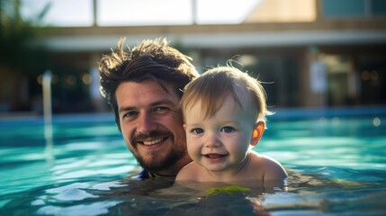 Wall Mural - Happy father with his toddler son in a swimming pool