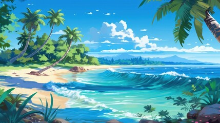 Wall Mural - Tropical seashore with palm trees and clear blue water