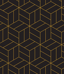 Abstract geometric pattern background with hexagonal and cube texture. Black and gold seamless grid lines. Simple minimalistic pattern
