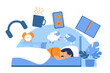 Healthy sleep rules vector illustration. Woman sleeping in bed after reading book, turning off phone, drinking tea, listening to music. Improving sleep schedule, health care concept