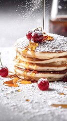 Wall Mural - Close up of Stack of delicious pancakes for breakfast with berries and ising sugar in plate on white background.