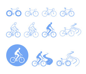 Wall Mural - Various bicycles vector illustrations set. Line icons of bikes, person riding bicycle, bike paths on white background. Cycling, sport, healthy lifestyle, outdoor activity concept