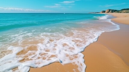 Sandy seashore with turquoise green sea water and small waves