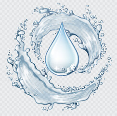 Wall Mural - Transparent realistic vector  water round splash and drop on light background. Symbol of water.