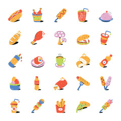 Wall Mural - Collection of Fast Food and Drinks Flat Icons 

