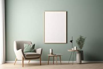 Poster - Blank portrait photo with wooden frame hanging on green wall in living room