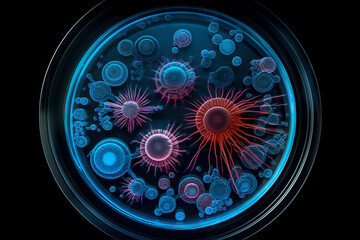Macro close up shot of bacteria and virus cells.. Generative AI.