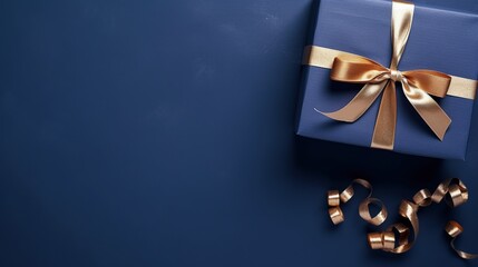 Gift box with  satin ribbon and dark blue on yellow background. Holiday gift with copy space. Birthday or Christmas present, flat lay, top view. Christmas giftbox concept.
