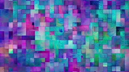 Wall Mural - Purple pink blue green pattern. Chaotic. Geometric background. Squares and rectangles. Seamless. Violet teal background for design. Multicolor. Abstract. Mosaic. Generative AI.