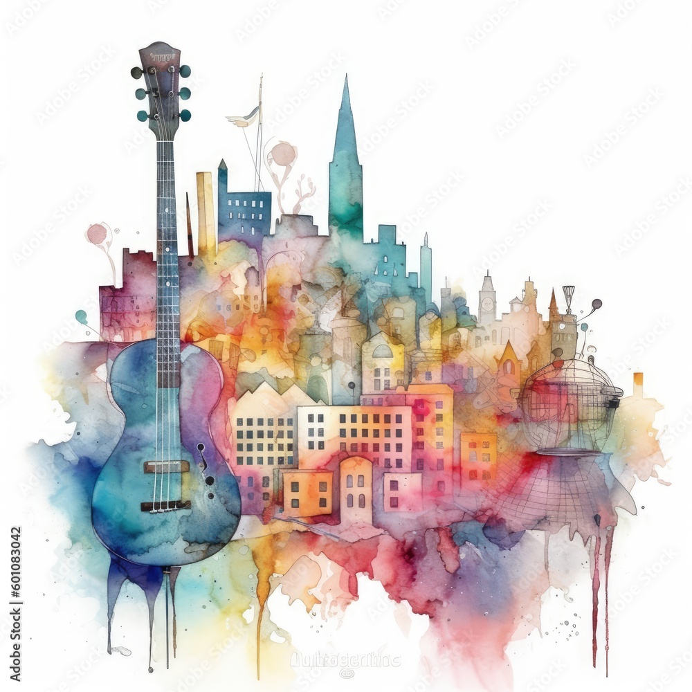 watercolor of A city skyline with musical notes and instruments Stock ...