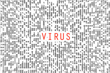 The word virus on binary code blurred background Digital data cyber attack concept design