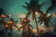 Summer palm trees with garlands and lanterns. Generative AI