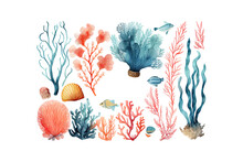 Watercolor Corals And Fish. Vector Illustration Desing.