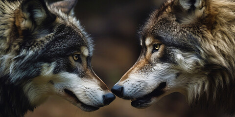 two wolves face each other, aggressive mood of a turf war to make the hierarchy clear, generative ai