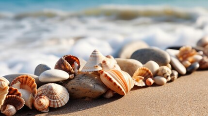 Wall Mural - Seashells on seashore beach holiday background