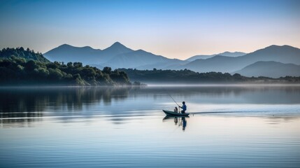 Wall Mural - Fisherman on a calm lake with mountain and sky