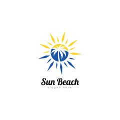 Wall Mural - sunset sunrise with sea water sea beach vector logo icon.