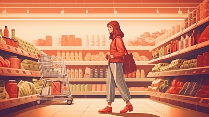 Vintage supermarket shopping concept with woman pushing cart
