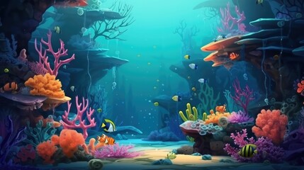 Underwater world with fish and corals