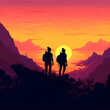 © premiumdesign - silhouette of a couple hiker in the mountains. Generative AI