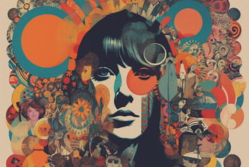 Collage in the style of the 70s. Retro portrait of a woman. Nice poster.Hippie style. Generative AI.