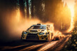 Racing car driving fast in a dynamic picture, forest rally 