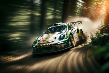 Racing car driving fast in a dynamic picture, forest rally 