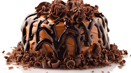 Wall Mural - Chocolate Cake with Chocolate Fudge Drizzled Icing and Chocolate Curls Isolated on White Backdrop. Generative AI